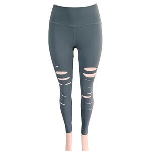 Alo Yoga Grey Ripped Warrior Legging High Rise High Waisted Full Length Size XXS